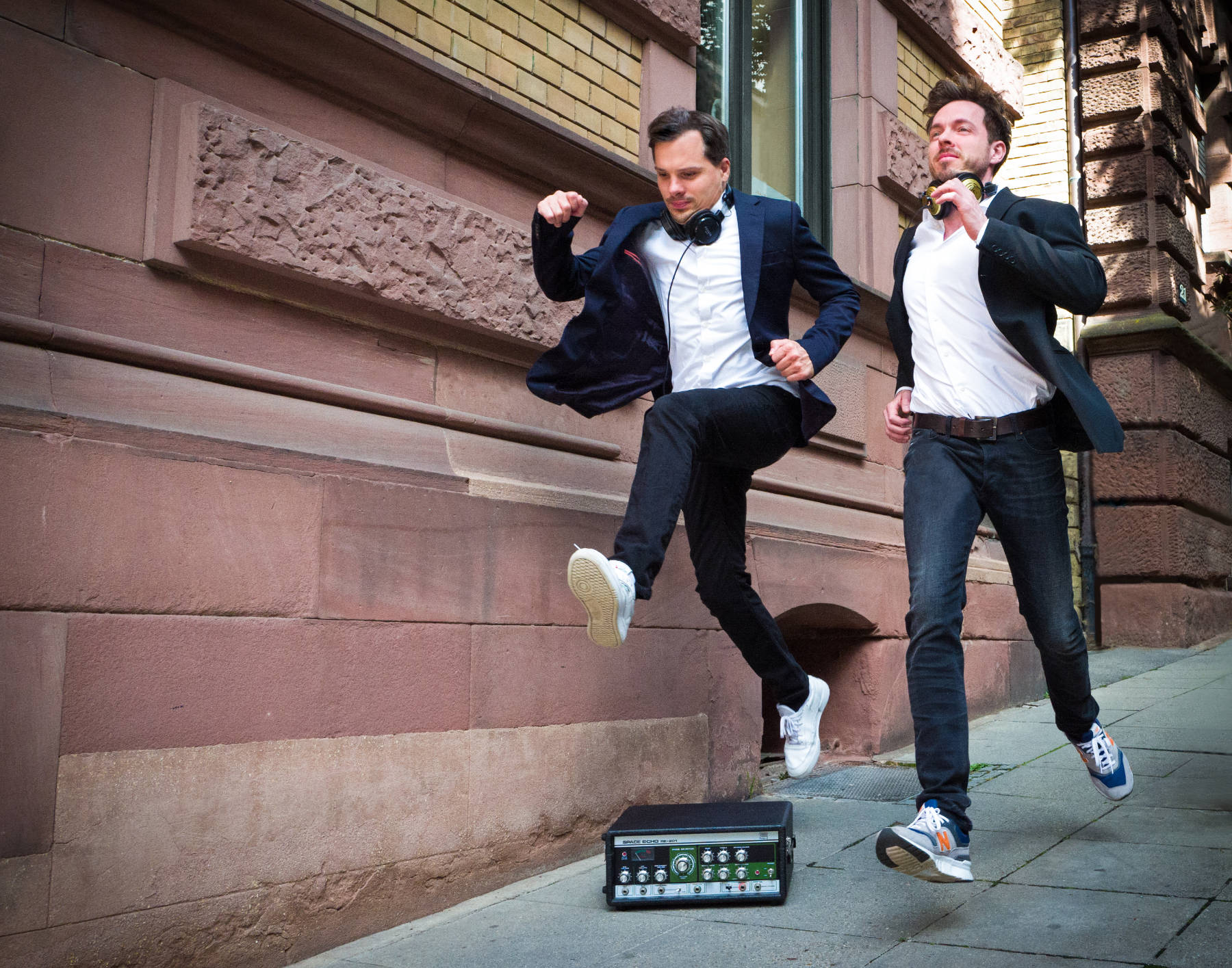 Axel Huber and Philipp Noll jumping over a rare vintage effect processor